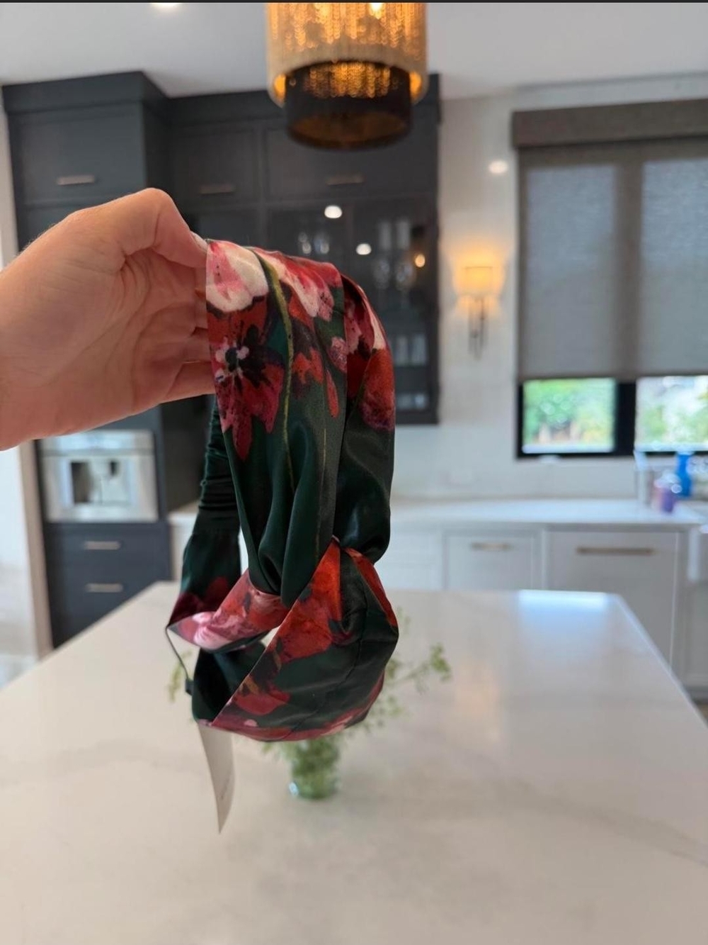 Floral Knotted Headband in Dark Green and Red